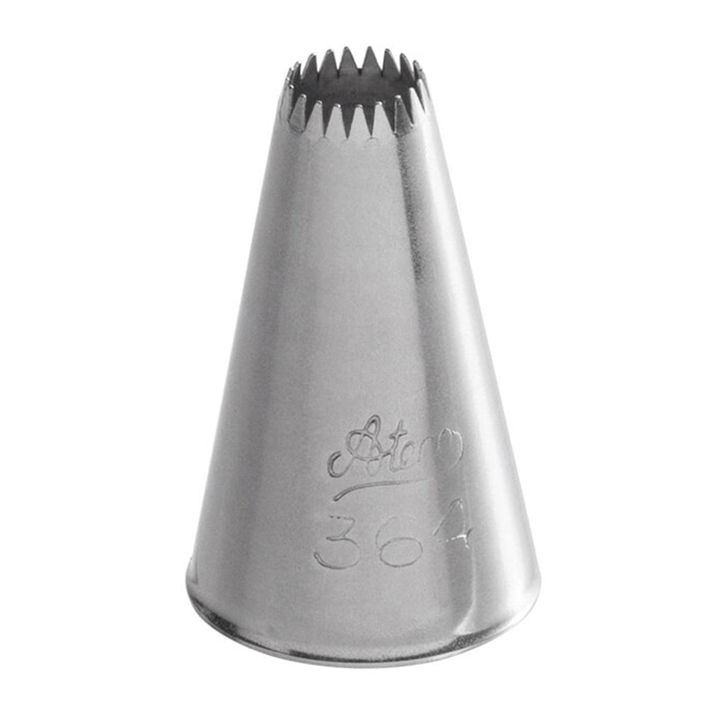 Close-up of the Ateco 364 French Star Piping Tip showing its medium-size, finely notched opening designed for piping textured stars, shells, and buttercream flowers.