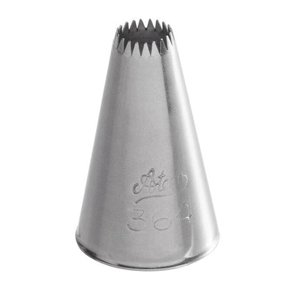 Close-up of the Ateco 364 French Star Piping Tip showing its medium-size, finely notched opening designed for piping textured stars, shells, and buttercream flowers.