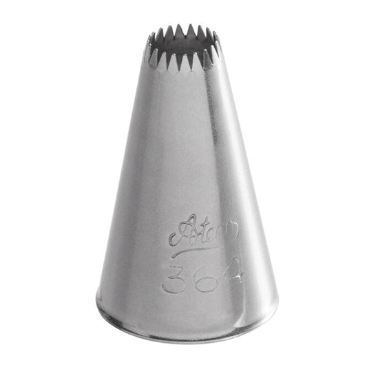 Close-up of the Ateco 364 French Star Piping Tip showing its medium-size, finely notched opening designed for piping textured stars, shells, and buttercream flowers.