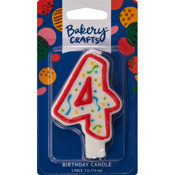 Number 4 birthday candle by Bakery Crafts, white with red outline and colorful confetti design.