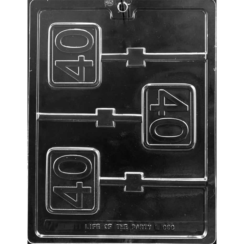 Chocolate lollipop mold with three rectangular number 40 cavities and built-in stick channels