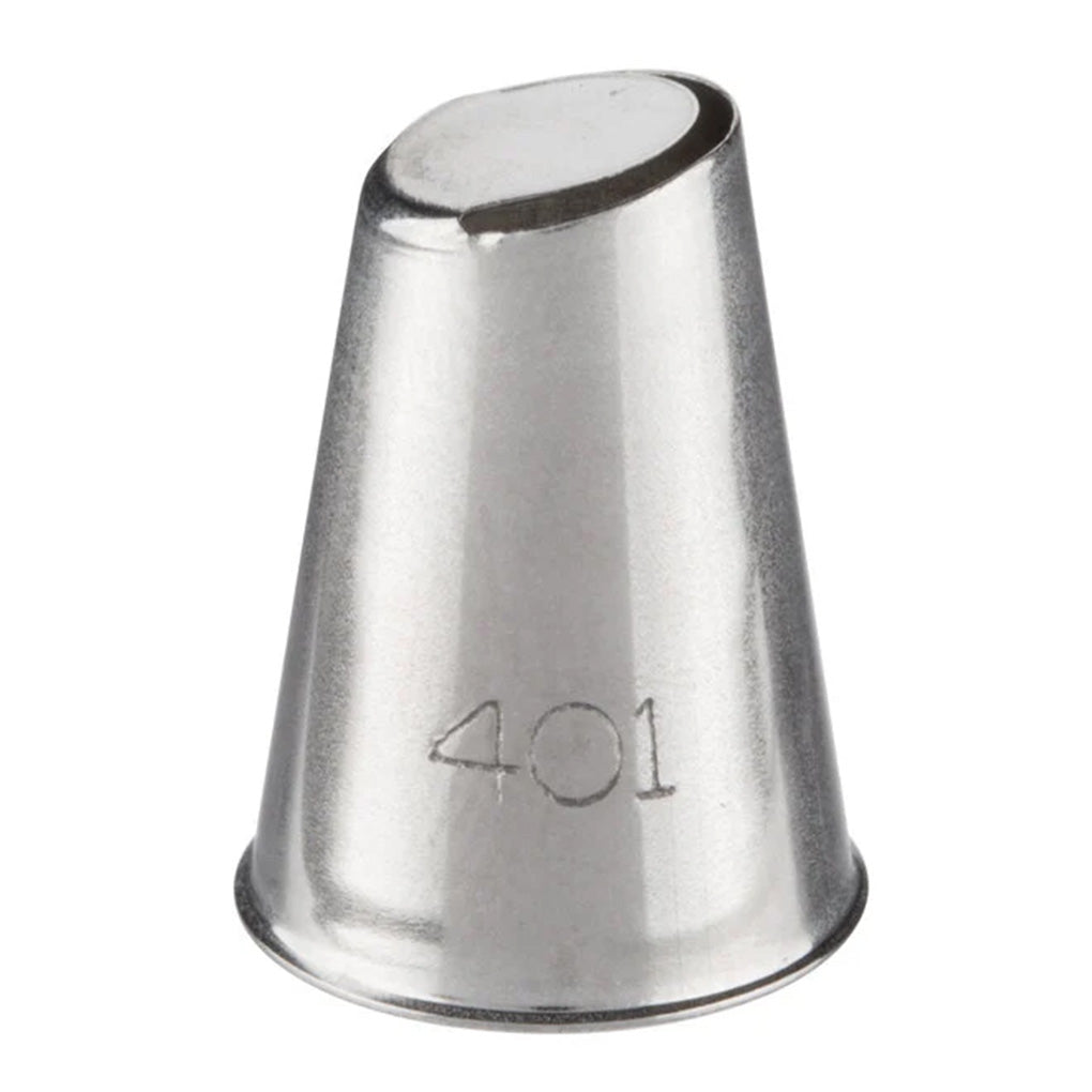 Stainless steel piping tip with a U-shaped opening, engraved with the number 401 near the base.