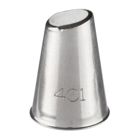 Stainless steel piping tip with a U-shaped opening, engraved with the number 401 near the base.