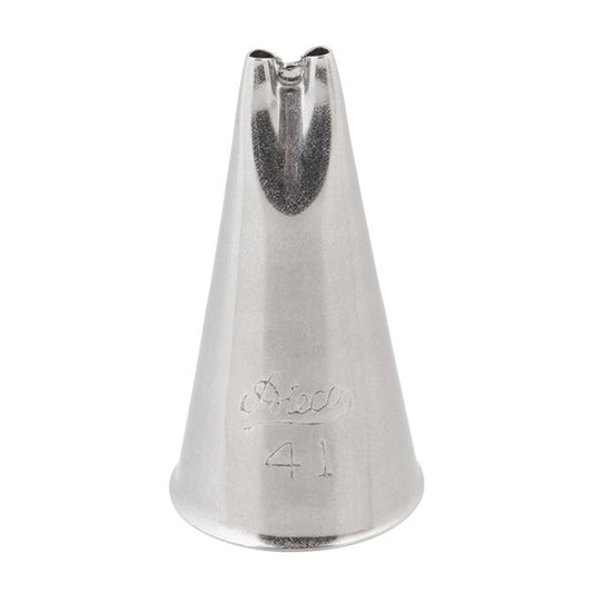 Metal piping tip labeled Ateco 41 with a cone shape and two small parallel openings at the top, designed for decorating cakes with scallops, strings, outlines, and hair-like effects.