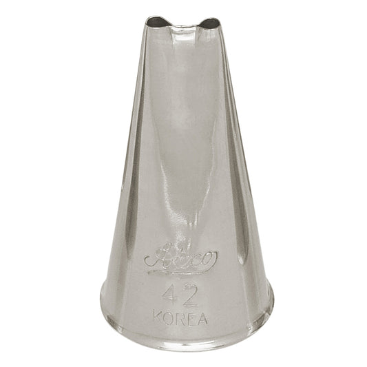 42 2-Hole piping tip with two small circular openings at the top, designed for piping double lines, beading, and scalloped patterns on cakes and cookies.