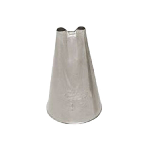 Close-up of a metal 43 2-Hole piping tip featuring two parallel openings at the top, designed for detailed cake decorating like hair, strings, and scallops.