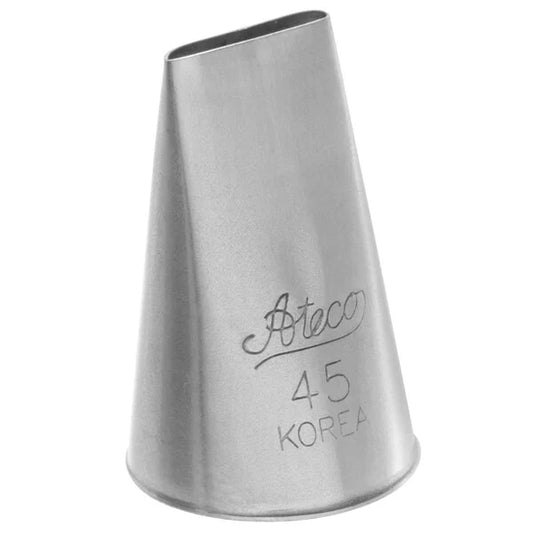 45 basketweave piping tip with a flat, angled opening for creating smooth stripes and clean basketweave designs on cakes and other baked goods.