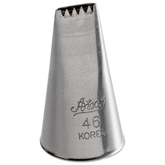 Stainless steel Ateco 46 basketweave piping tip with a wide, flat opening featuring one serrated edge and one smooth edge; engraved branding reads “Ateco 46 Korea.” The tip has a tapered cone shape.