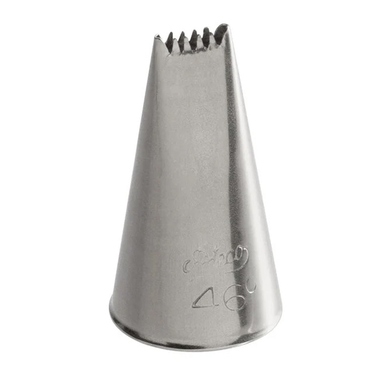 Ateco 46° basketweave piping tip, cone-shaped metal nozzle with two serrated sides and a 0.31 inch opening, designed for piping woven textures and ribbed borders.