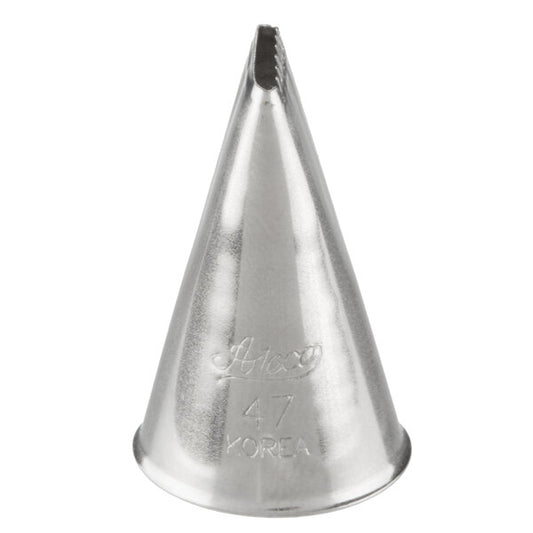 Close-up of a stainless steel Ateco 47 basketweave piping tip with a tapered conical shape; the top opening features one flat edge and one serrated edge, designed for creating both ribbed and smooth icing stripes. The engraved “Ateco 47 Korea” branding is visible on the front of the tip.