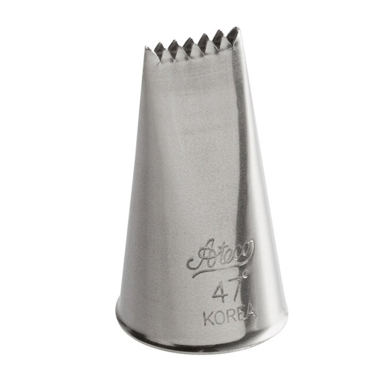Ateco 47° basketweave piping tip with serrated edges on both sides of the opening, engraved with Ateco branding and size markings.