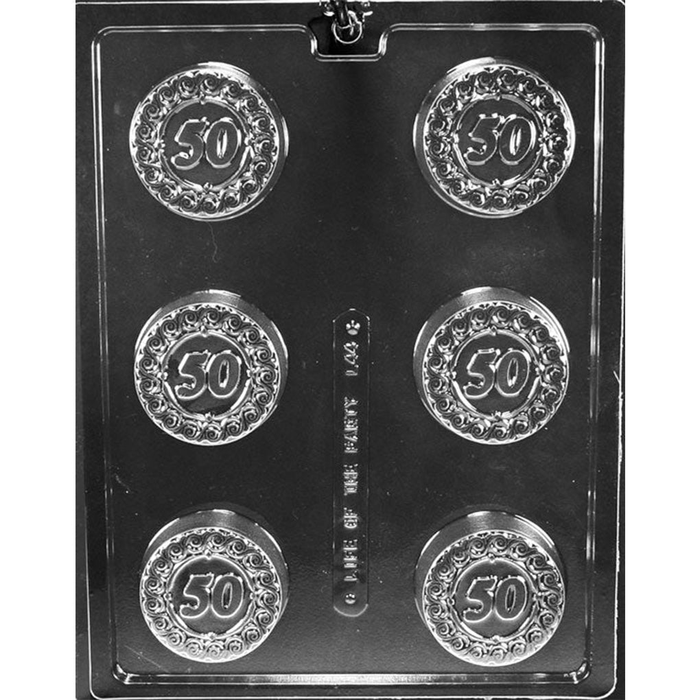 Clear plastic mold with six round cavities, each featuring a raised “50” centered inside an ornate scrollwork border for chocolate covered Oreo toppers.