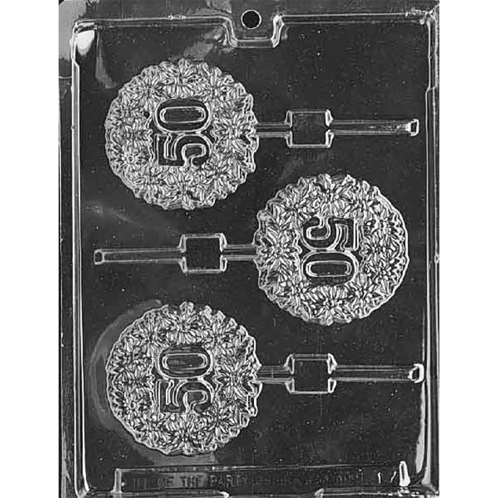 Clear plastic chocolate lollipop mold with three round 50th celebration cavities and a detailed floral border.