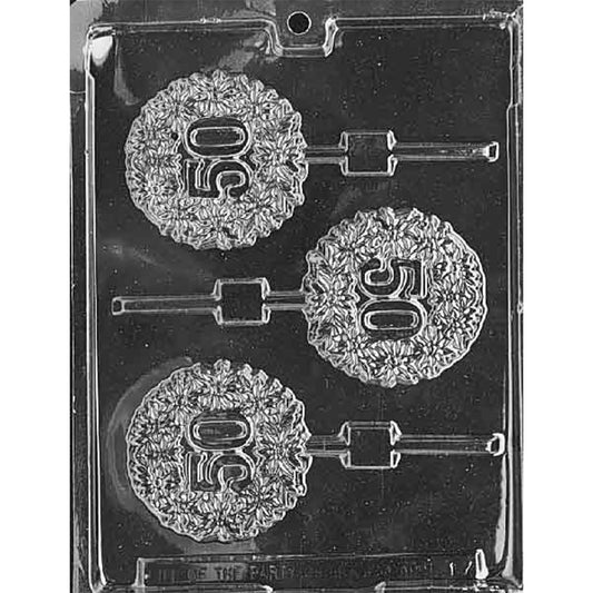 Clear plastic chocolate lollipop mold with three round 50th celebration cavities and a detailed floral border.