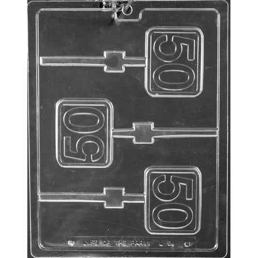 Chocolate lollipop mold with three rectangular cavities displaying the number 50 and alternating horizontal stick channels.