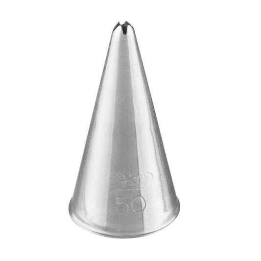 Close-up of the Ateco #50 cross-top piping tip with a polished stainless steel body and a four-pointed star-shaped opening, designed for piping cross-stitch textures, small stars, and decorative filler work.