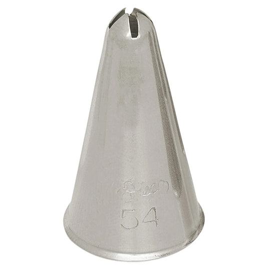 Stainless steel cross-top piping tip with a conical body and narrow cross-cut opening.