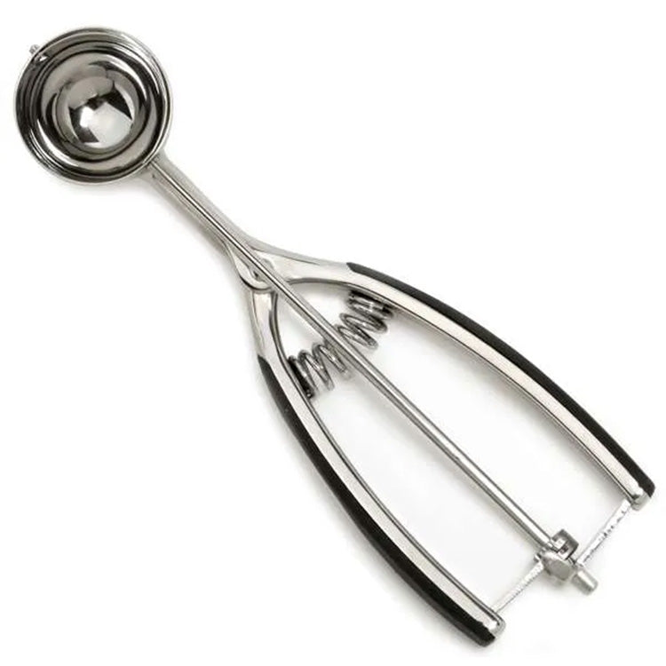 Stainless steel #55 cookie scoop with a round bowl and spring-action handle, shown on a white background with black soft-grip handle inserts.