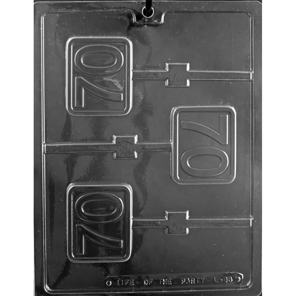 Clear plastic #70 Plain Chocolate Lollipop Mold with three rectangular number 70 cavities and built-in stick channels