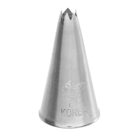 Ateco 76 star leaf piping tip, cone-shaped metal nozzle with a star-cut opening, designed for piping pointed ridged leaves, borders, and decorative accents.