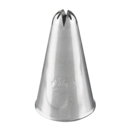 Ateco 78 cross-top piping tip, cone-shaped metal nozzle with a 4-point cross opening, designed for piping cross-stitch patterns, stars, and decorative accents.