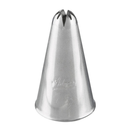 Ateco 78 cross-top piping tip, cone-shaped metal nozzle with a 4-point cross opening, designed for piping cross-stitch patterns, stars, and decorative accents.