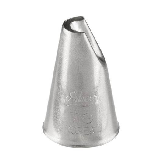 Close-up view of the Ateco #79 Lily-of-the-Valley piping tip with a curved, slanted opening and polished stainless steel finish, designed for floral and zigzag piping work.