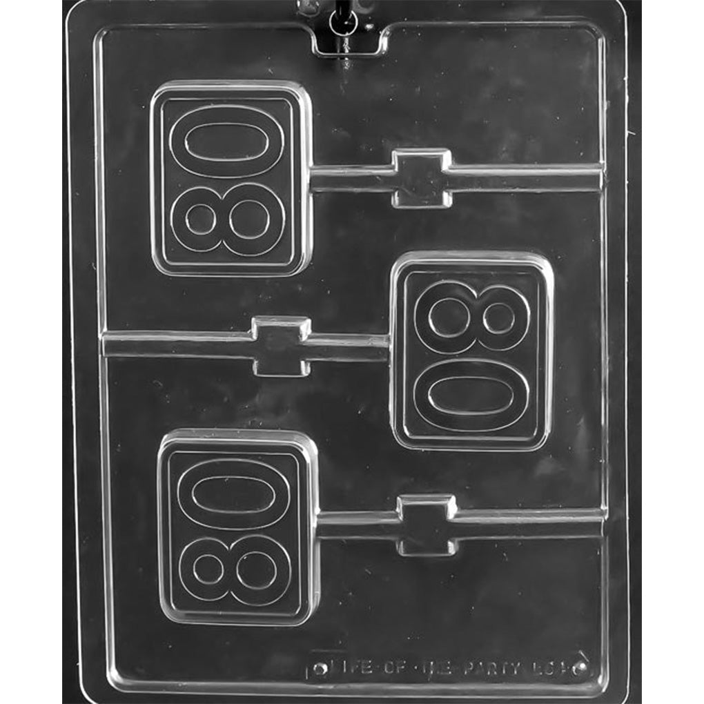 Clear plastic Number 80 Chocolate Lollipop Mold with three rectangular milestone cavities, rounded numerals, and built-in stick channels