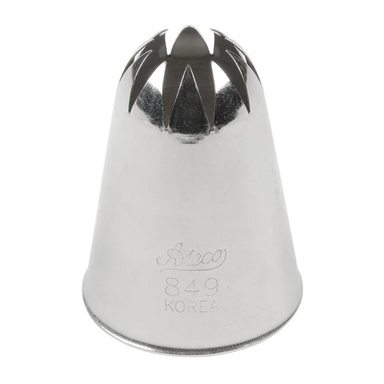 Ateco 849 closed star piping tip with a wide 0.79-inch opening, engraved with Ateco branding, shown upright against a white background.