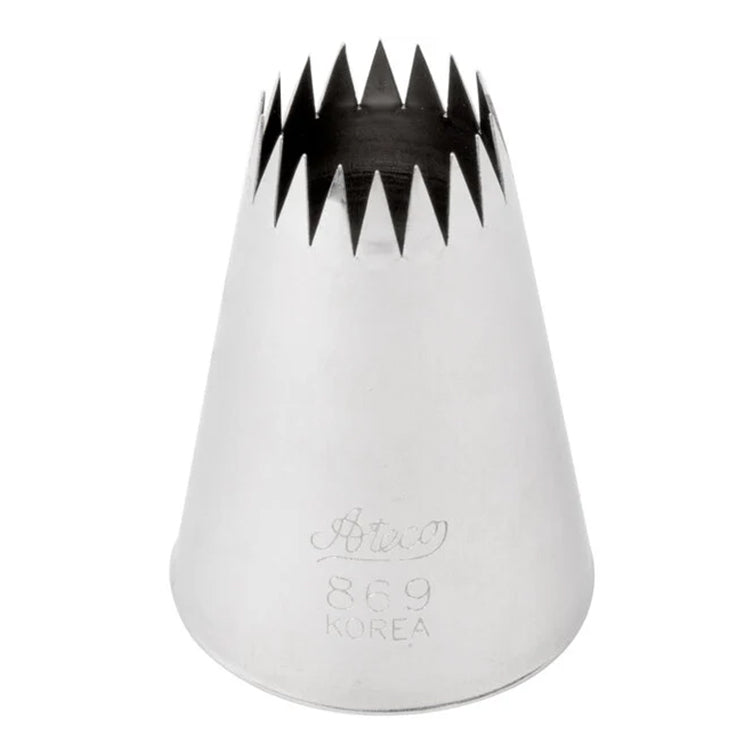 Ateco 869 French star piping tip, large cone-shaped metal nozzle with serrated star opening for piping shells, rosettes, flowers, and scalloped borders.