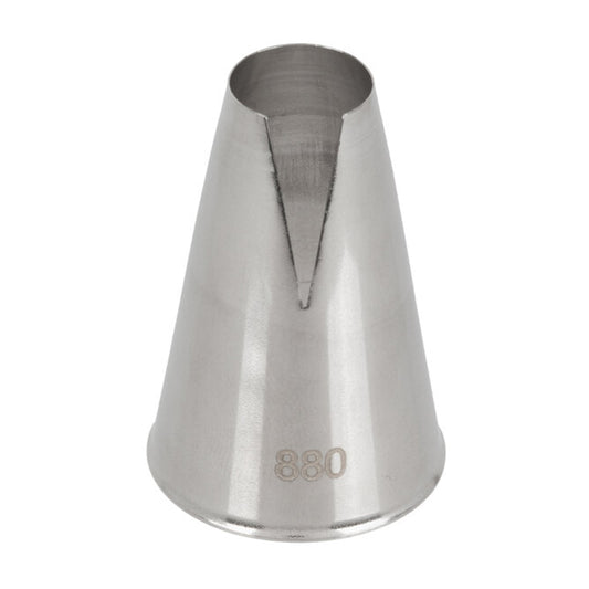 Ateco 880 St. Honore medium piping tip, cone-shaped metal icing nozzle with a wide triangular cut opening, designed for piping cream on St. Honore cakes, ruffles, and dramatic borders.