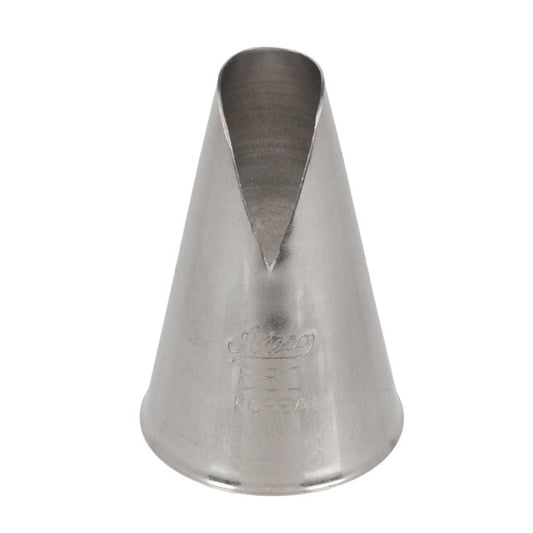 Ateco 882 St. Honore large piping tip, cone-shaped metal nozzle with a wide triangular cut opening, designed for piping bold icing patterns and decorating St. Honore cakes.