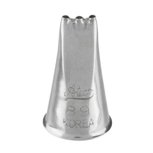 Stainless steel piping tip with three small round holes at the top, labeled “Ateco 89 Korea.”