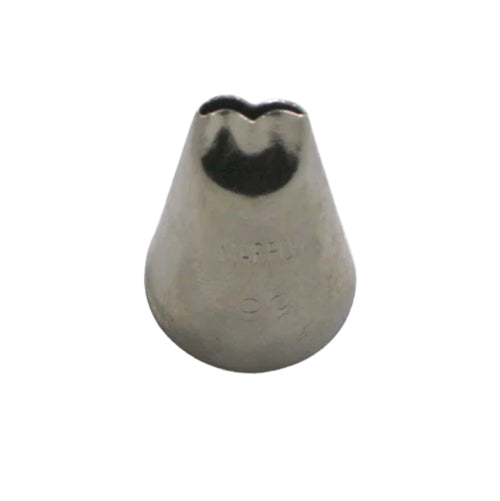 Number 99 Notched Ruffle Piping Tip with curved, notched opening for piping tight ruffles, frills, and floral accents.
