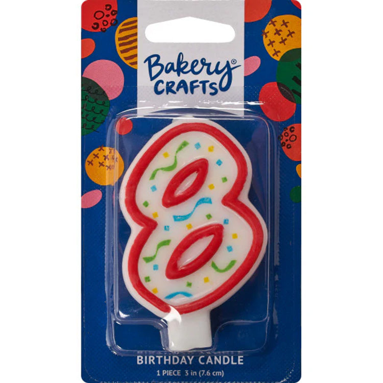 Packaged number 8 birthday candle with a white center, red outline, and multicolor confetti sprinkles on a blue Bakery Crafts card.
