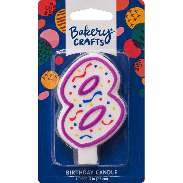 Packaged number 8 birthday candle with a purple outline and colorful confetti center on a blue Bakery Crafts backing card with multicolor dots.