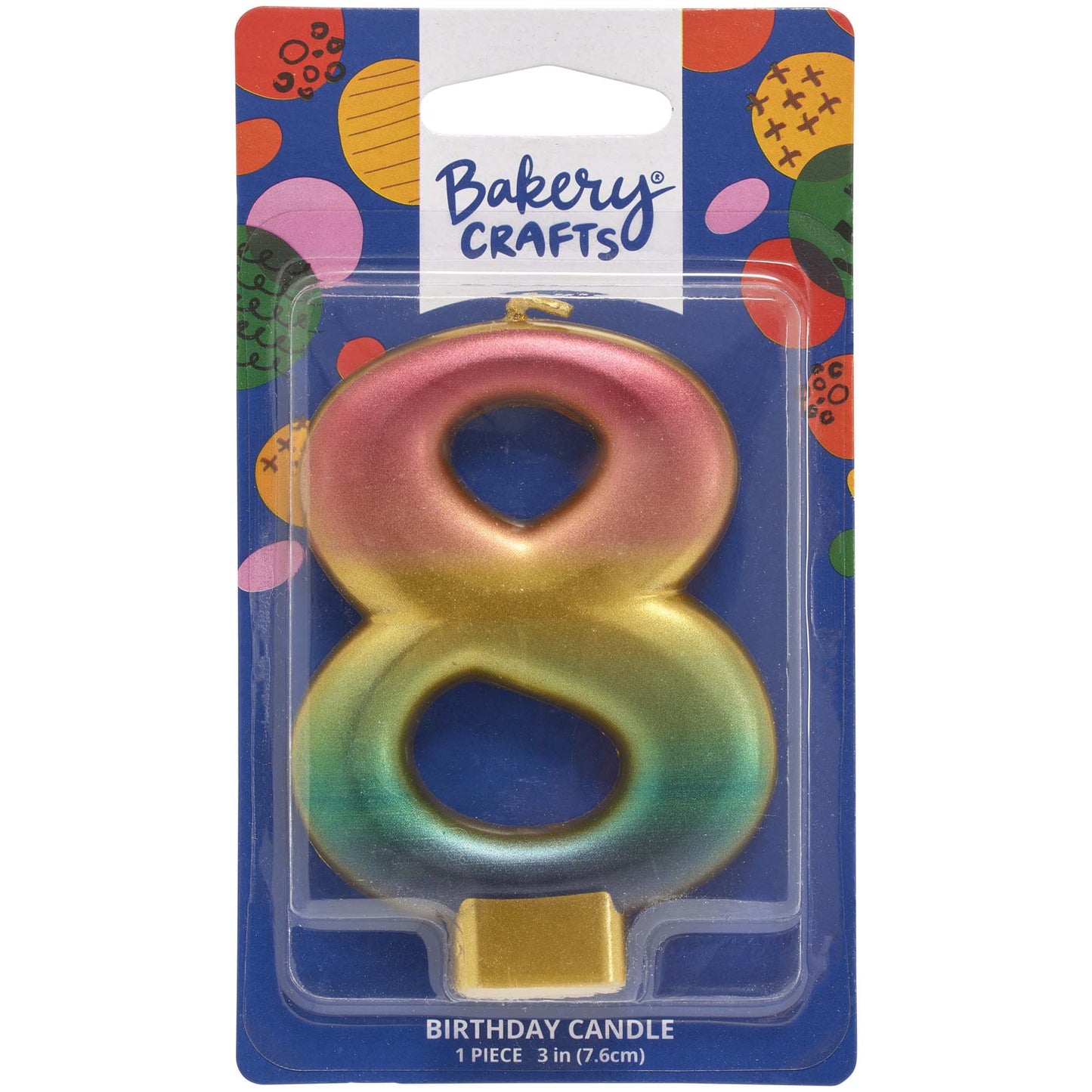 Packaged metallic rainbow number 8 birthday candle with a pink-to-gold-to-green-to-blue gradient and a gold base, on a blue Bakery Crafts card.