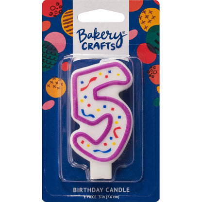 Packaged number 5 birthday candle with a purple outline and colorful confetti center on a blue Bakery Crafts backing card with multicolor dots.