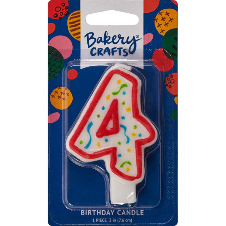 Packaged number 4 birthday candle with a white center, red outline, and multicolor confetti sprinkles on a blue Bakery Crafts card.