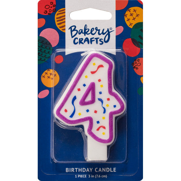 Packaged number 4 birthday candle with a purple outline and colorful confetti center on a blue Bakery Crafts backing card with multicolor dots.