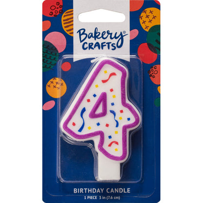 Packaged number 4 birthday candle with a purple outline and colorful confetti center on a blue Bakery Crafts backing card with multicolor dots.