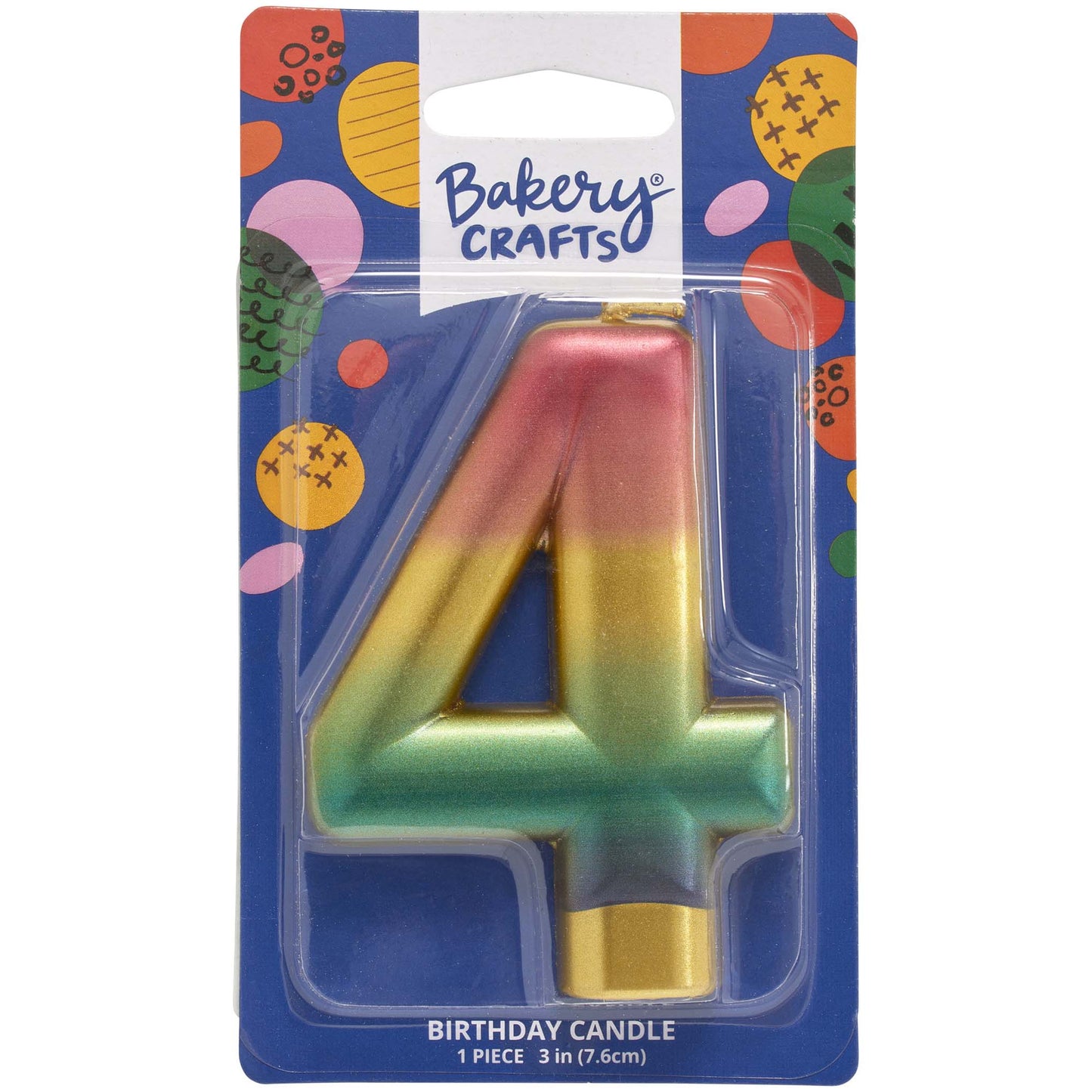 Packaged metallic rainbow number 4 birthday candle with a pink-to-gold-to-green-to-blue gradient and a gold base, on a blue Bakery Crafts card.