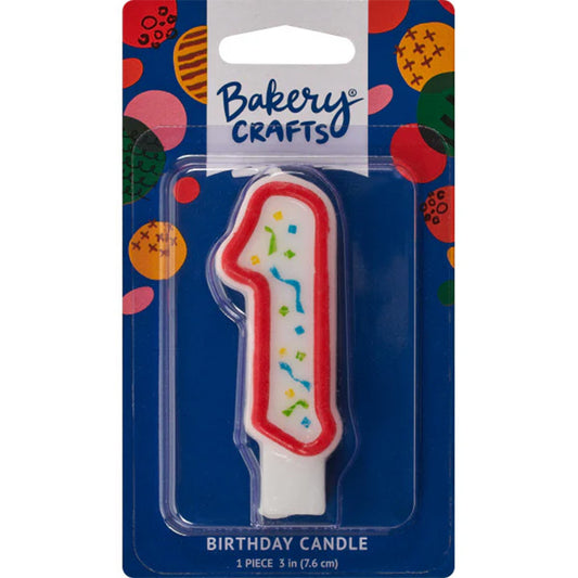 Packaged number 1 birthday candle with a white center, red outline, and multicolor confetti sprinkles on a blue Bakery Crafts card.