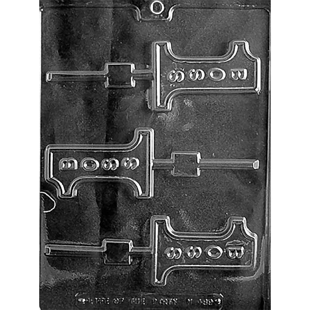 Clear plastic chocolate lollipop mold with three number-one shaped cavities embossed with “#1 Boss” lettering and stick channels for making boss appreciation chocolate pops.