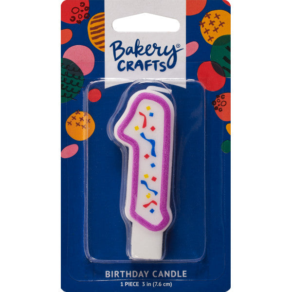 Packaged number 1 birthday candle with a purple outline and colorful confetti center on a blue Bakery Crafts backing card with multicolor dots.