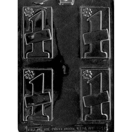 Clear plastic number one chocolate bar mold with four rectangular cavities featuring a large raised “#1” design and blank center banner