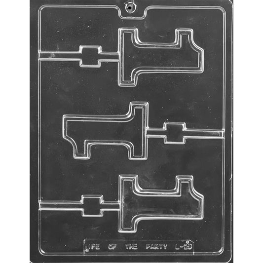 Clear plastic Number One Chocolate Lollipop Mold with three block numeral cavities, raised outlines, and built-in stick channels
