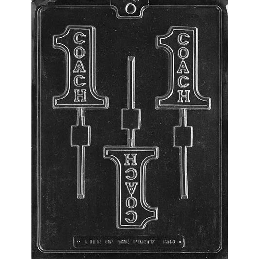 Clear chocolate lollipop mold with three number 1 shaped cavities, each featuring the word COACH running vertically down the center.