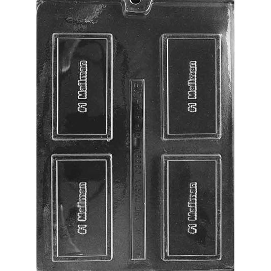 Clear plastic chocolate mold with four rectangular bordered plaque cavities, each reading “#1 Mailman,” shown on a dark background.
