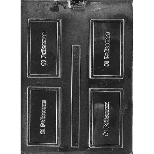 Clear plastic chocolate mold with four rectangular cavities featuring raised “#1 Policeman” lettering